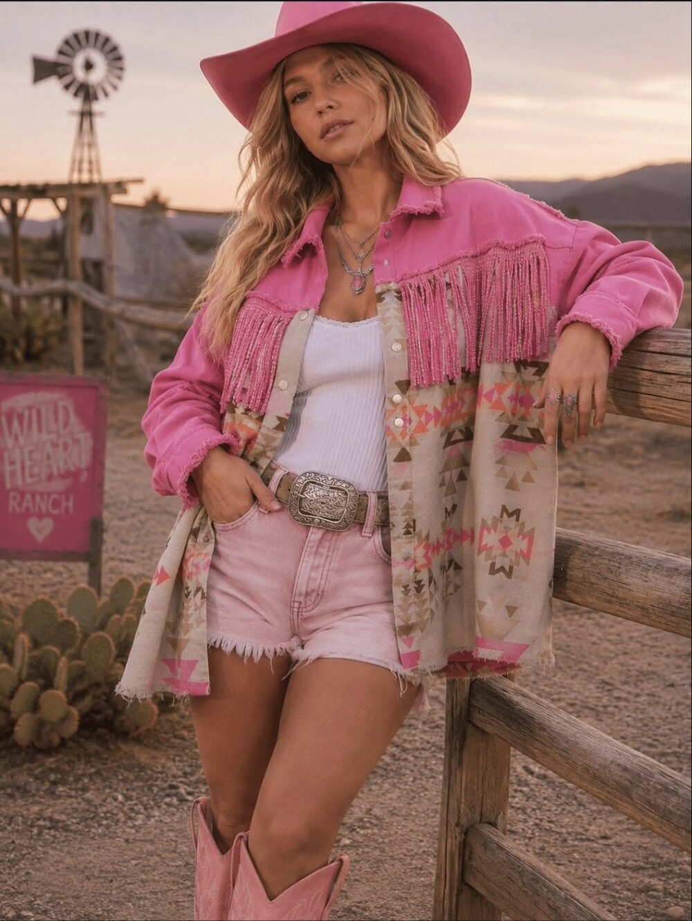 Aztec-Pattern Pink Fringe Denim Jacket